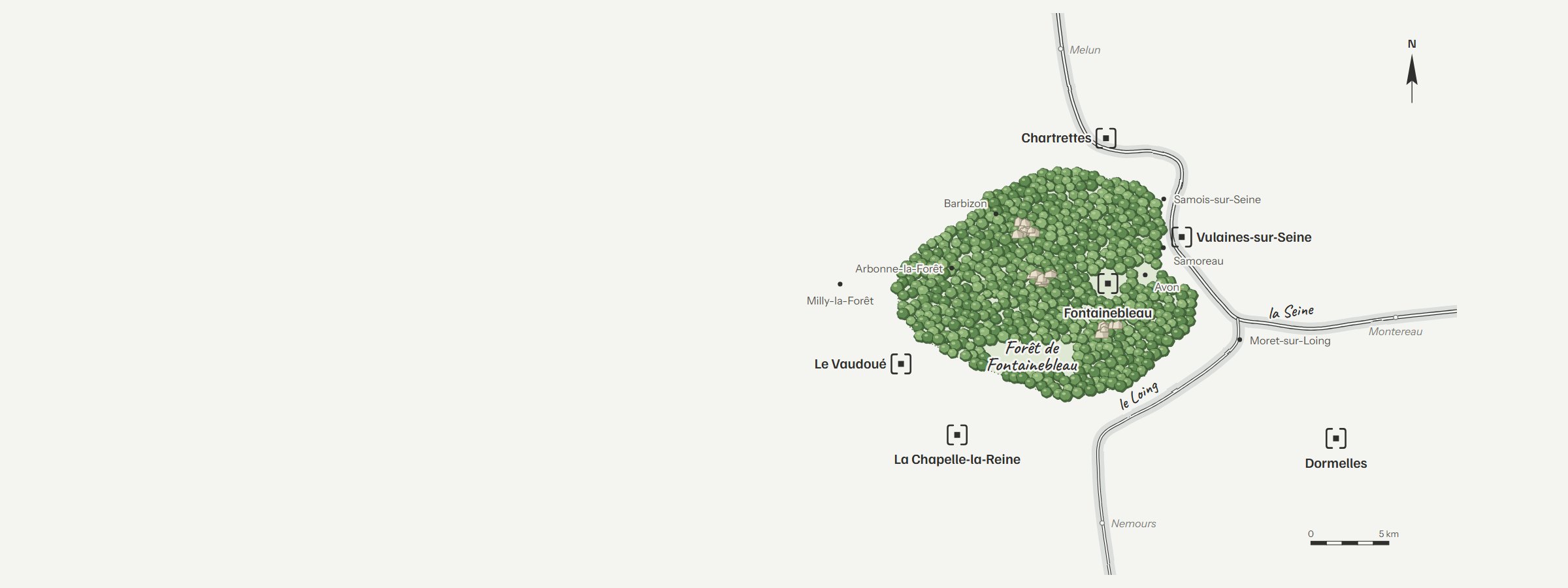 Croquis du Pays de Fontainebleau : la forêt, la Seine, le Loing et les communes clientes d’Agence Nova