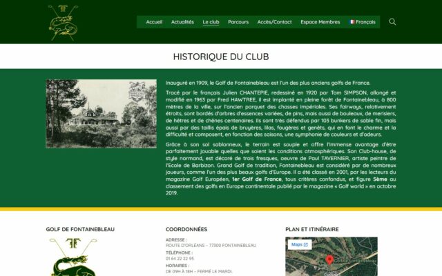 Page « Historique du club » du site Golf de Fontainebleau